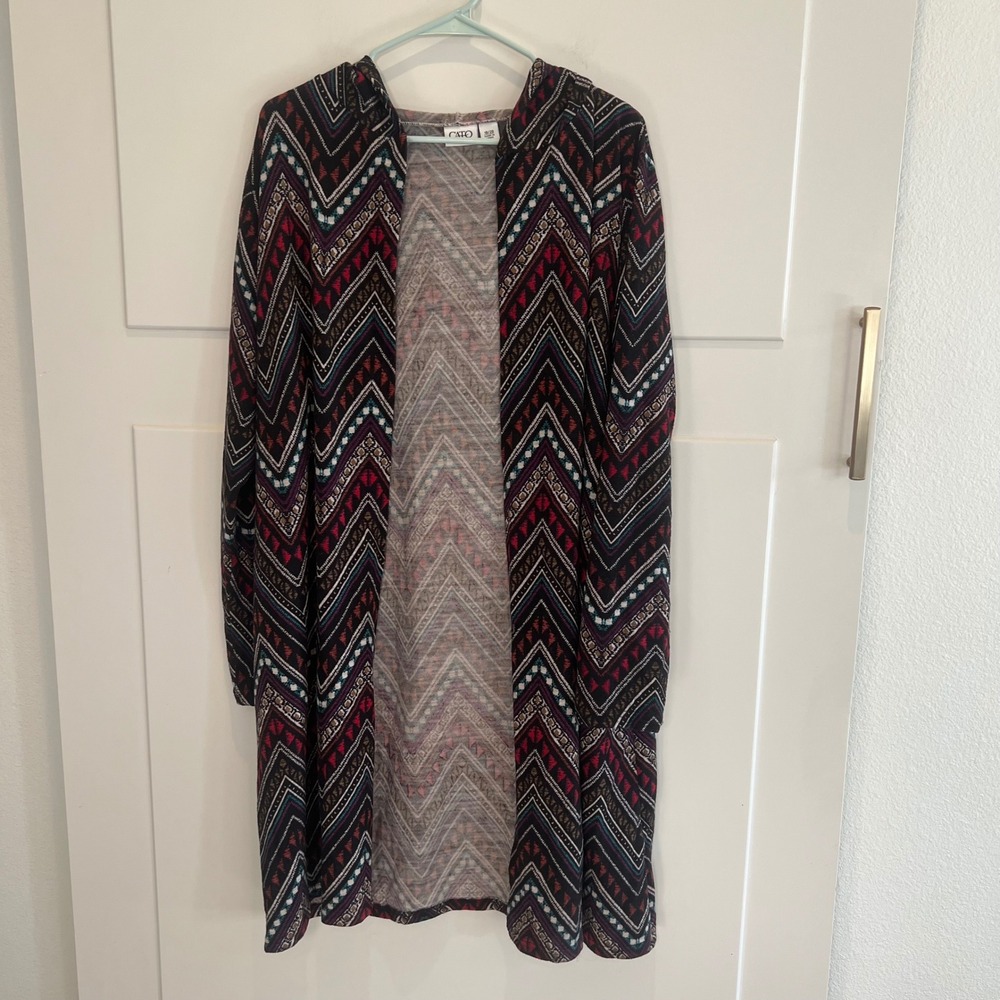 Cato Black‎ Red Aztec Print Hooded Cardigan Duster Sweater Size 18/20